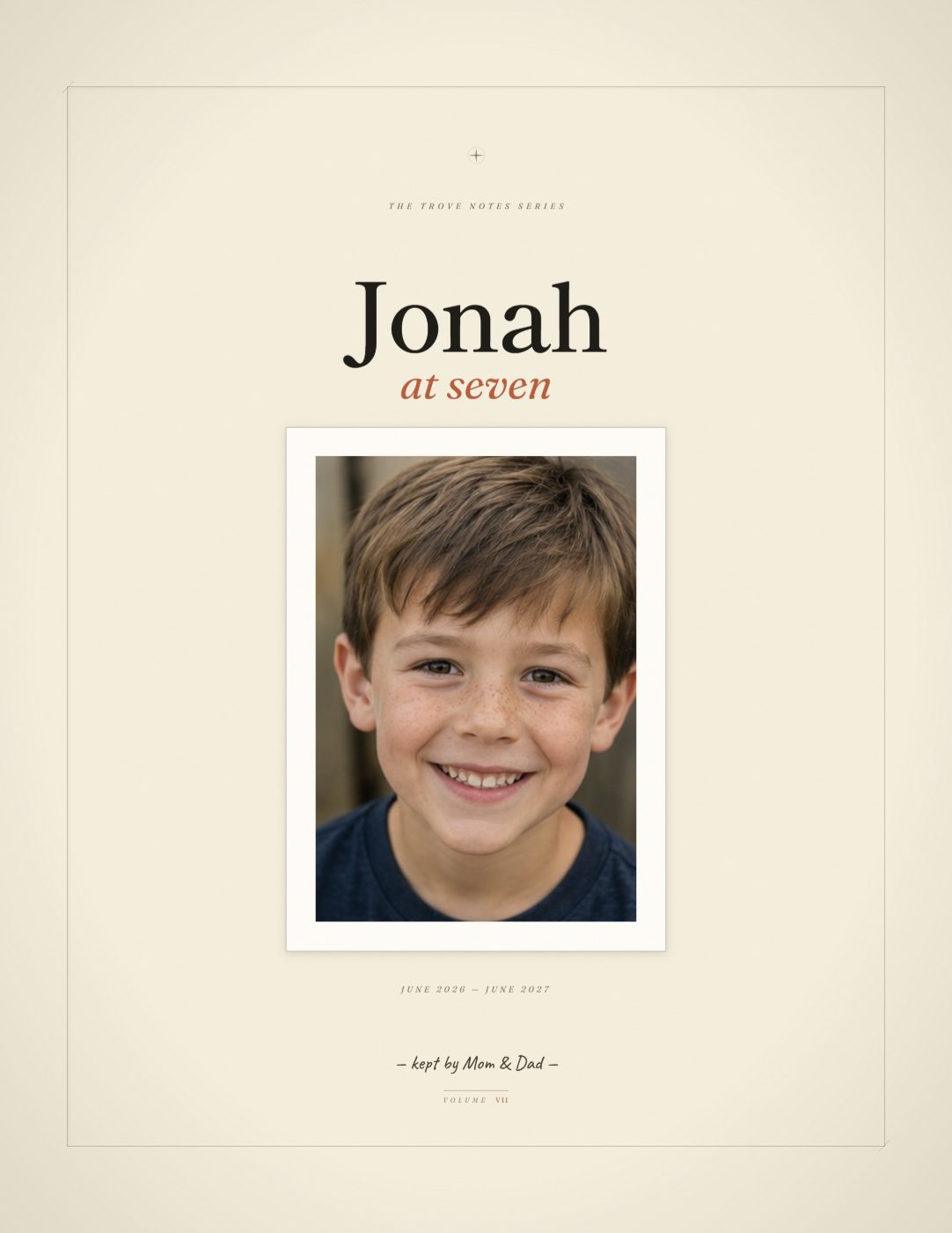 The volume’s inside title page — "Jonah, at seven" — with a framed photo.
