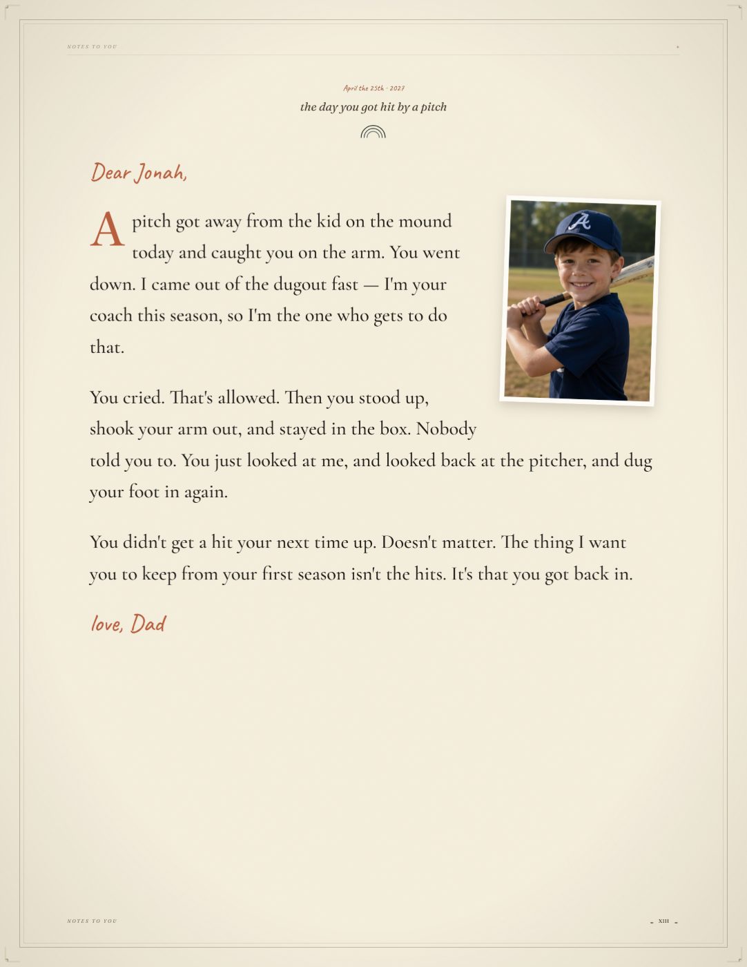 A letter written to Jonah from his dad, about the day he got hit by a pitch and got back in the box, with a photo.