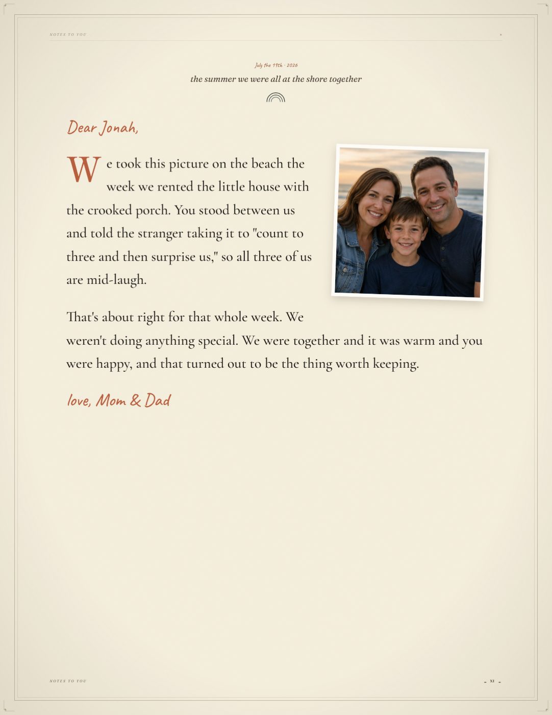 A note to Jonah from Mom and Dad, with a family photo.