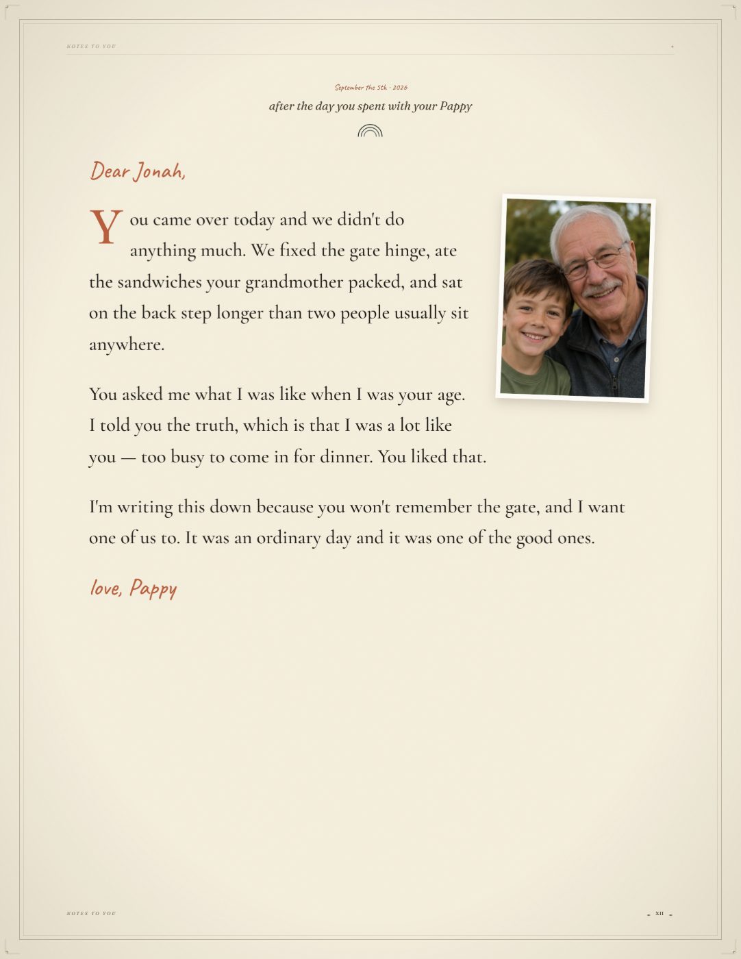 A letter written to Jonah from his Pappy, about an ordinary day they spent together, with a photo of the two of them.