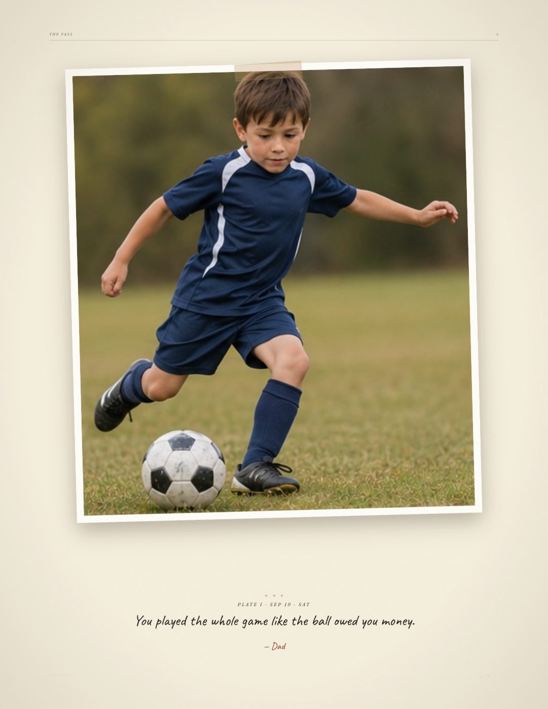 A full-page photo plate — Jonah mid-stride after a soccer ball — with a one-line caption.